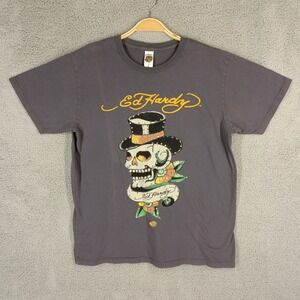Ed Hardy Skull Rhinestone Graphic T-Shirt Large Short‎ Sleeve Top Gray